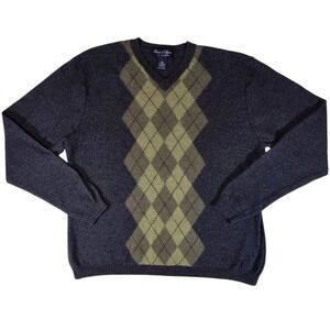 Davis & Squire Mens Extra Fine Merino Wool Sweater Gray V Neck Argyle Preppy Med